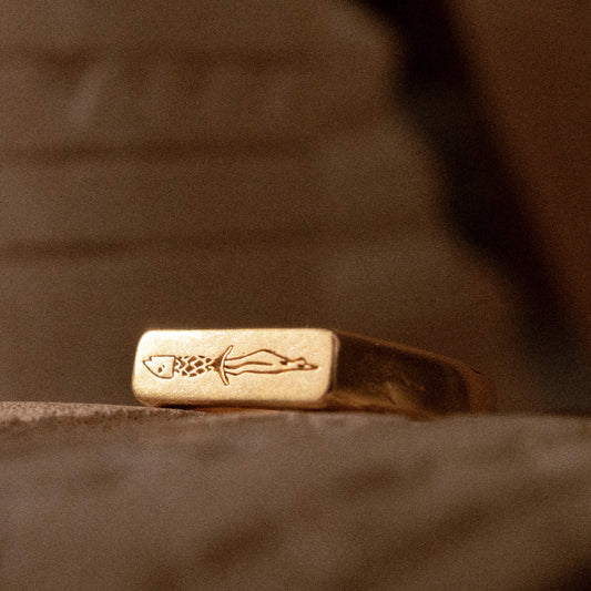 Product shot of the Lost Treasure ring against a brown background.
